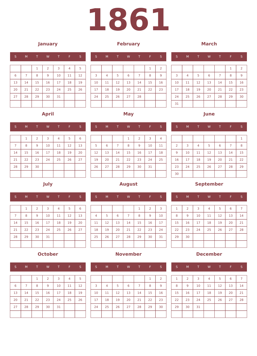 Printable 1861 Year Calendars cordovan