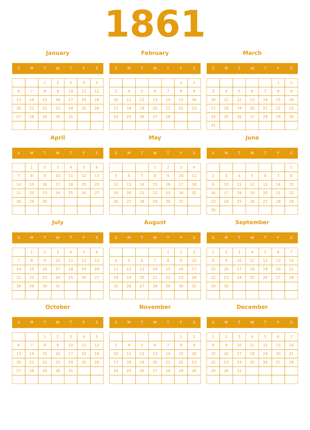 Printable 1861 Year Calendars gamboge
