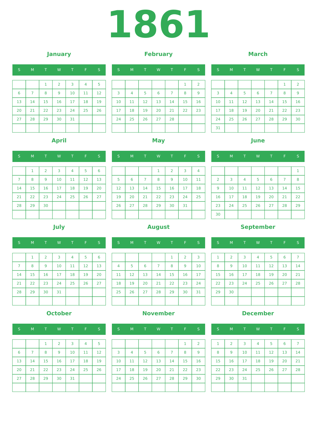 Printable 1861 Year Calendars green