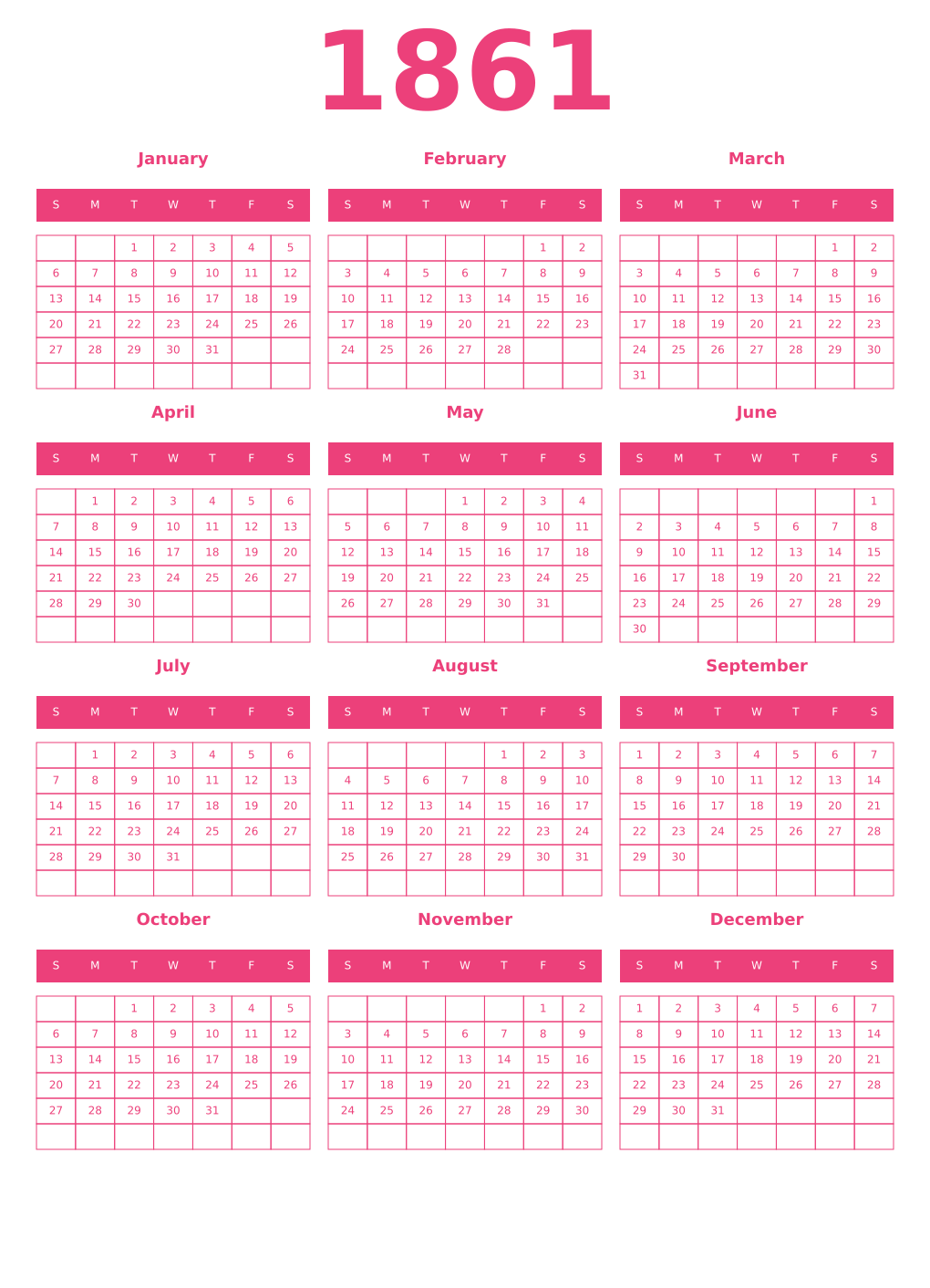 Printable 1861 Year Calendars pink