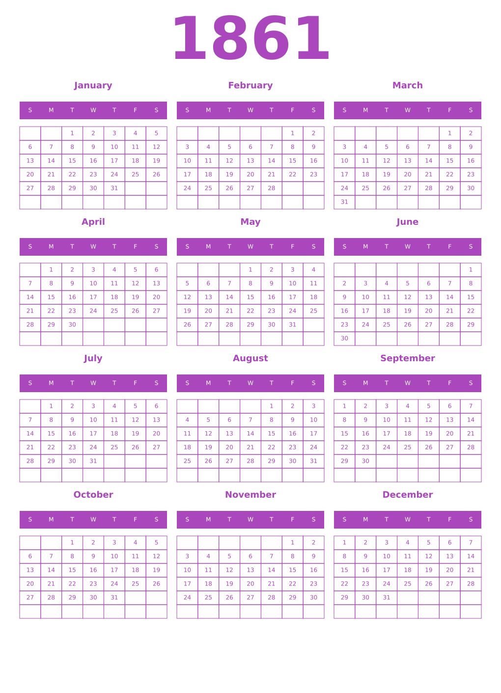 Printable 1861 Year Calendars purple