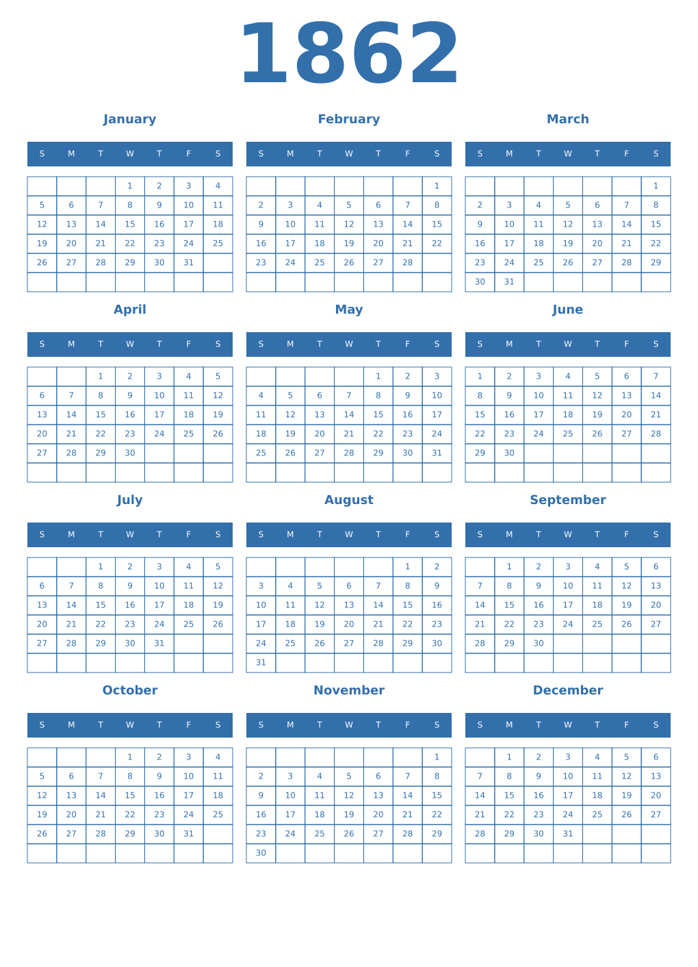 Printable 1862 Year Calendars blue