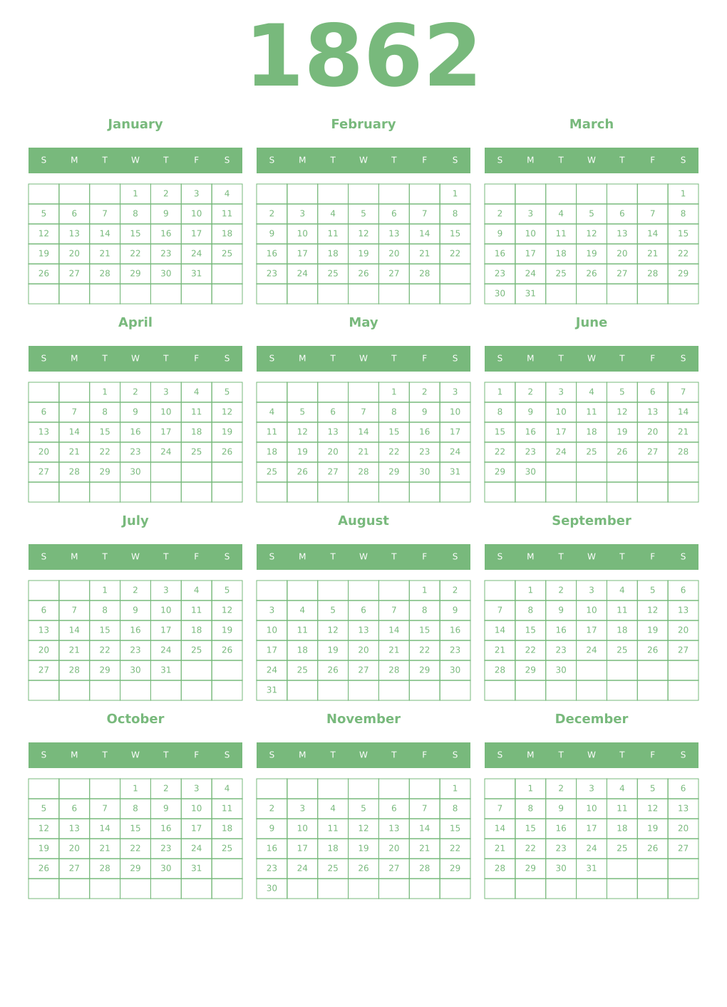 Printable 1862 Year Calendars celadon