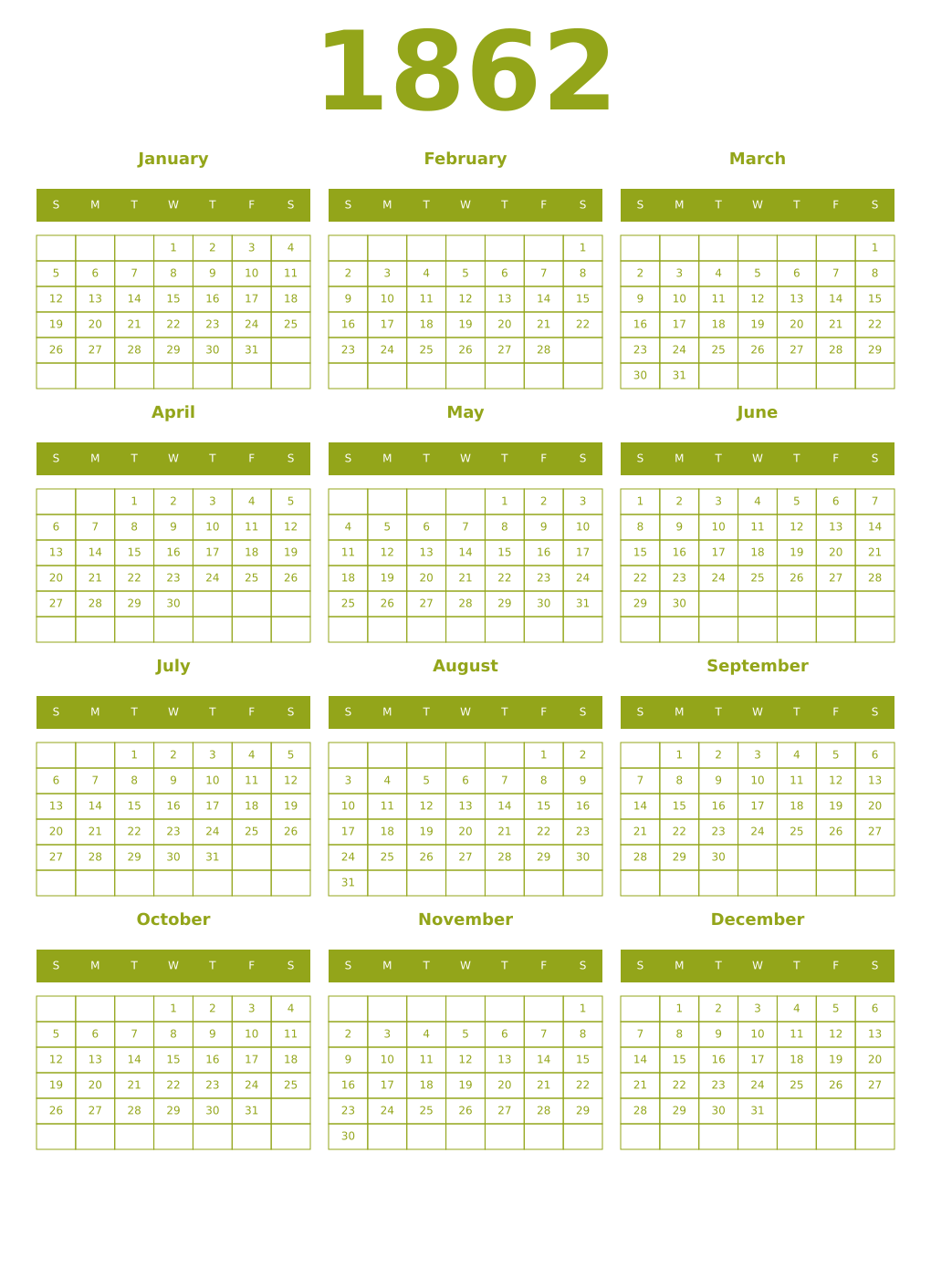 Printable 1862 Year Calendars chartreuse