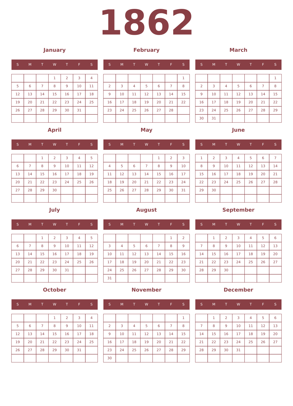 Printable 1862 Year Calendars cordovan