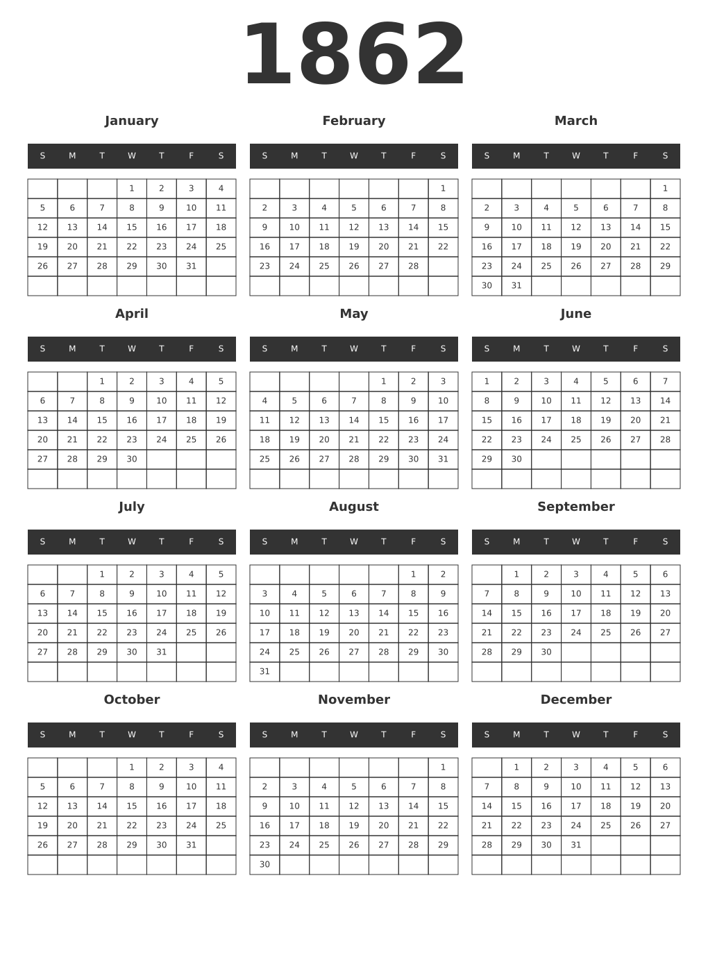 Printable 1862 Year Calendars dark