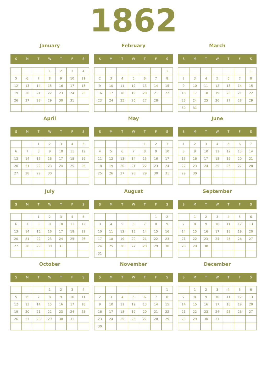 Printable 1862 Year Calendars eburnean