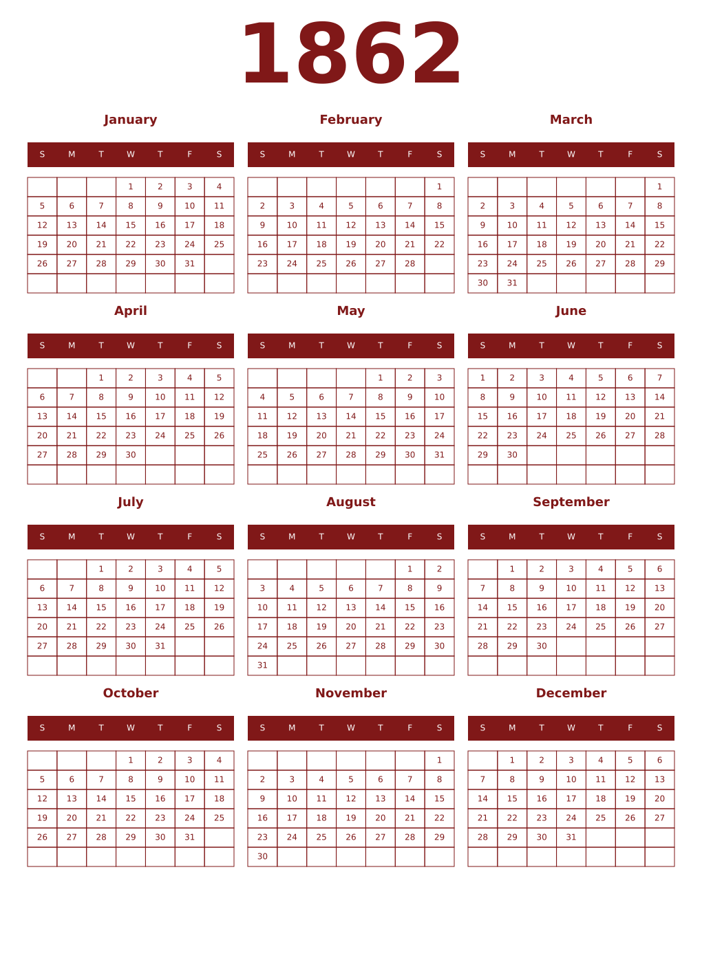 Printable 1862 Year Calendars falu
