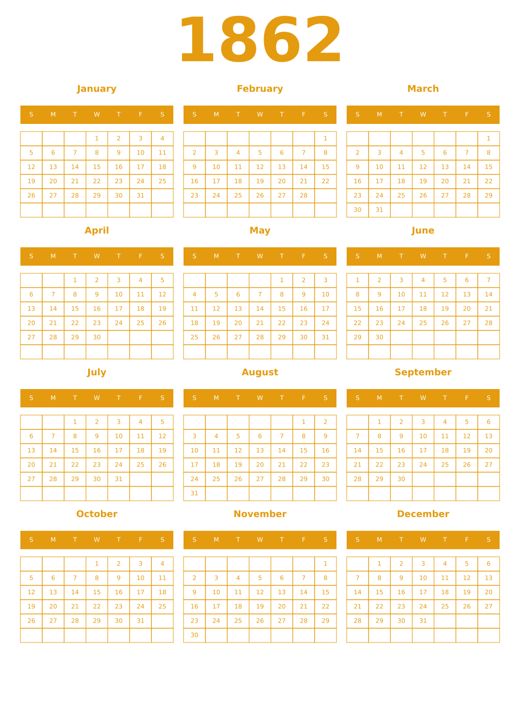 Printable 1862 Year Calendars gamboge