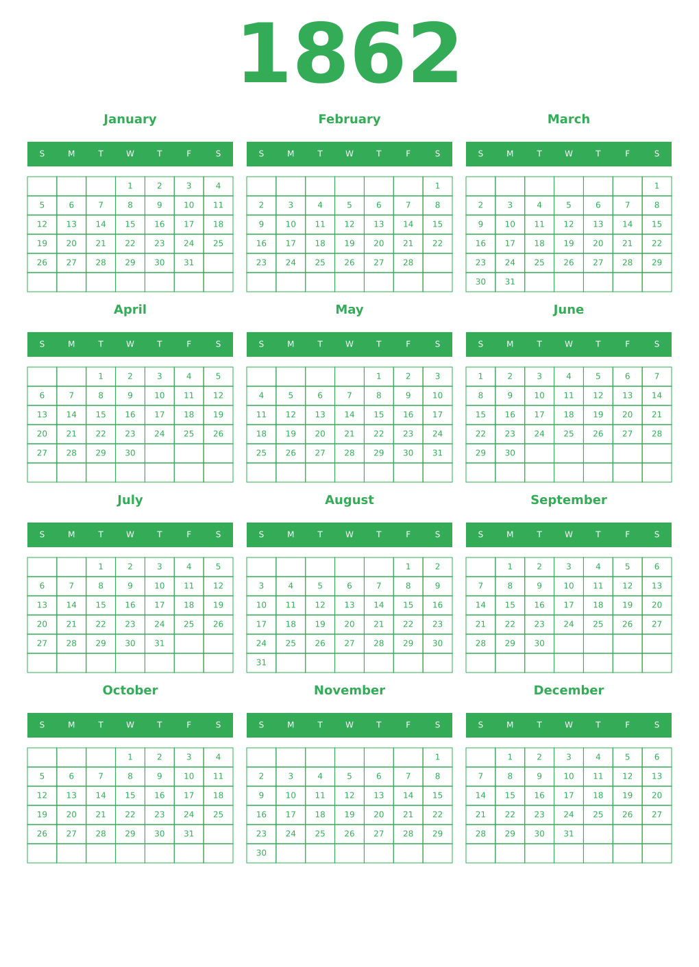 Printable 1862 Year Calendars green