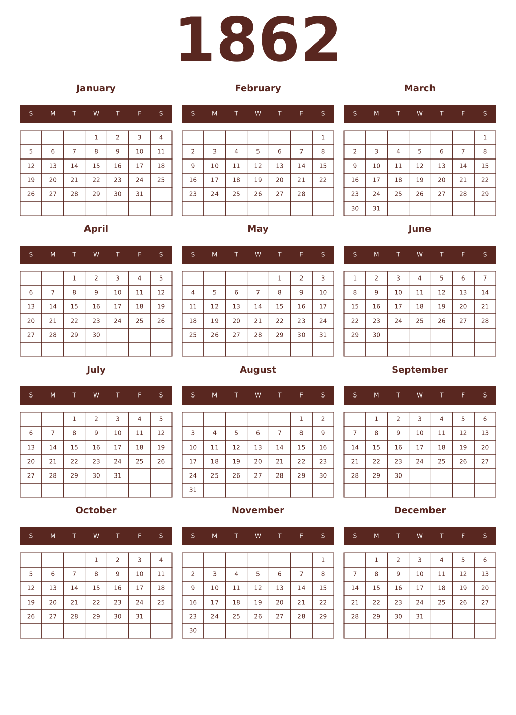 Printable 1862 Year Calendars mortuum