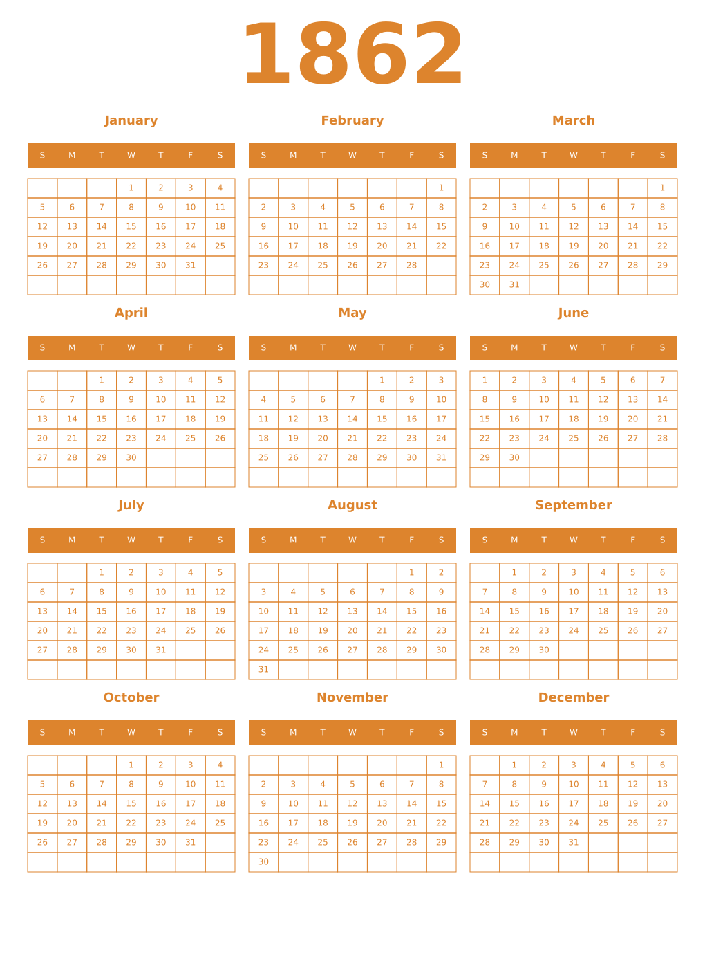 Printable 1862 Year Calendars orange