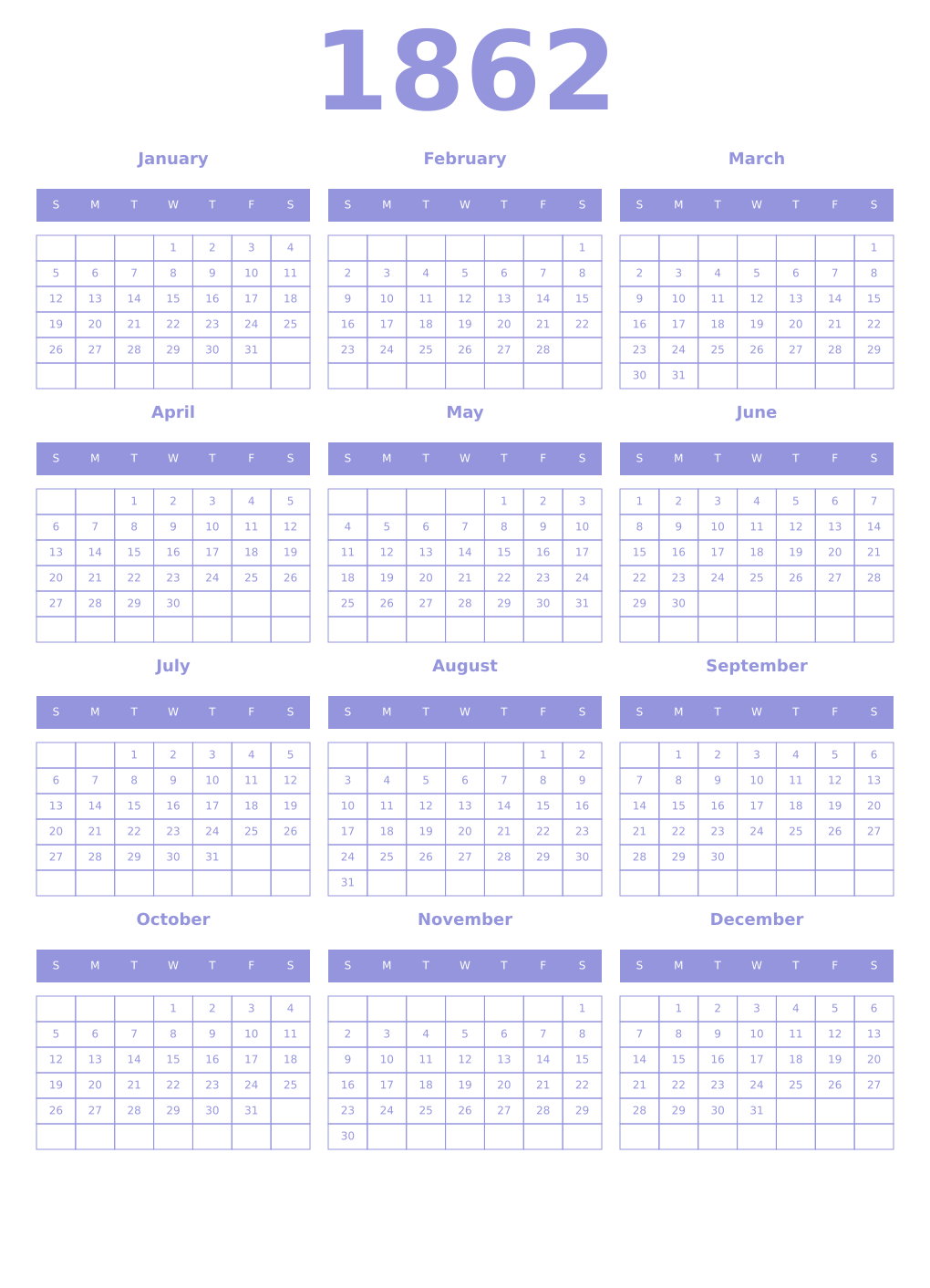 Printable 1862 Year Calendars periwinkle