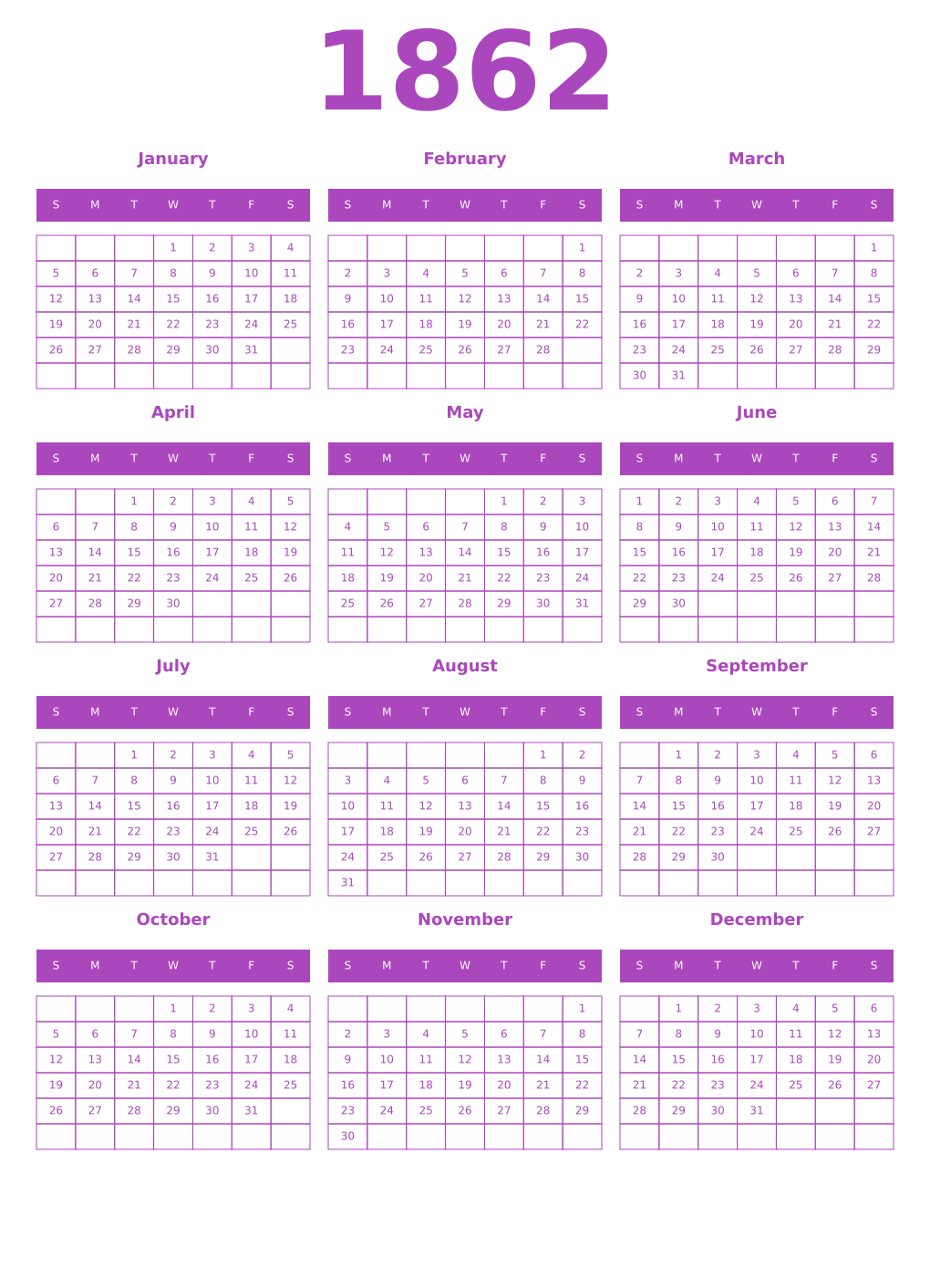 Printable 1862 Year Calendars purple
