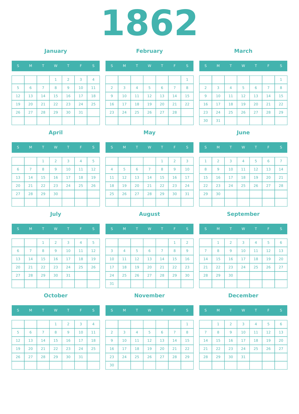 Printable 1862 Year Calendars verdigris