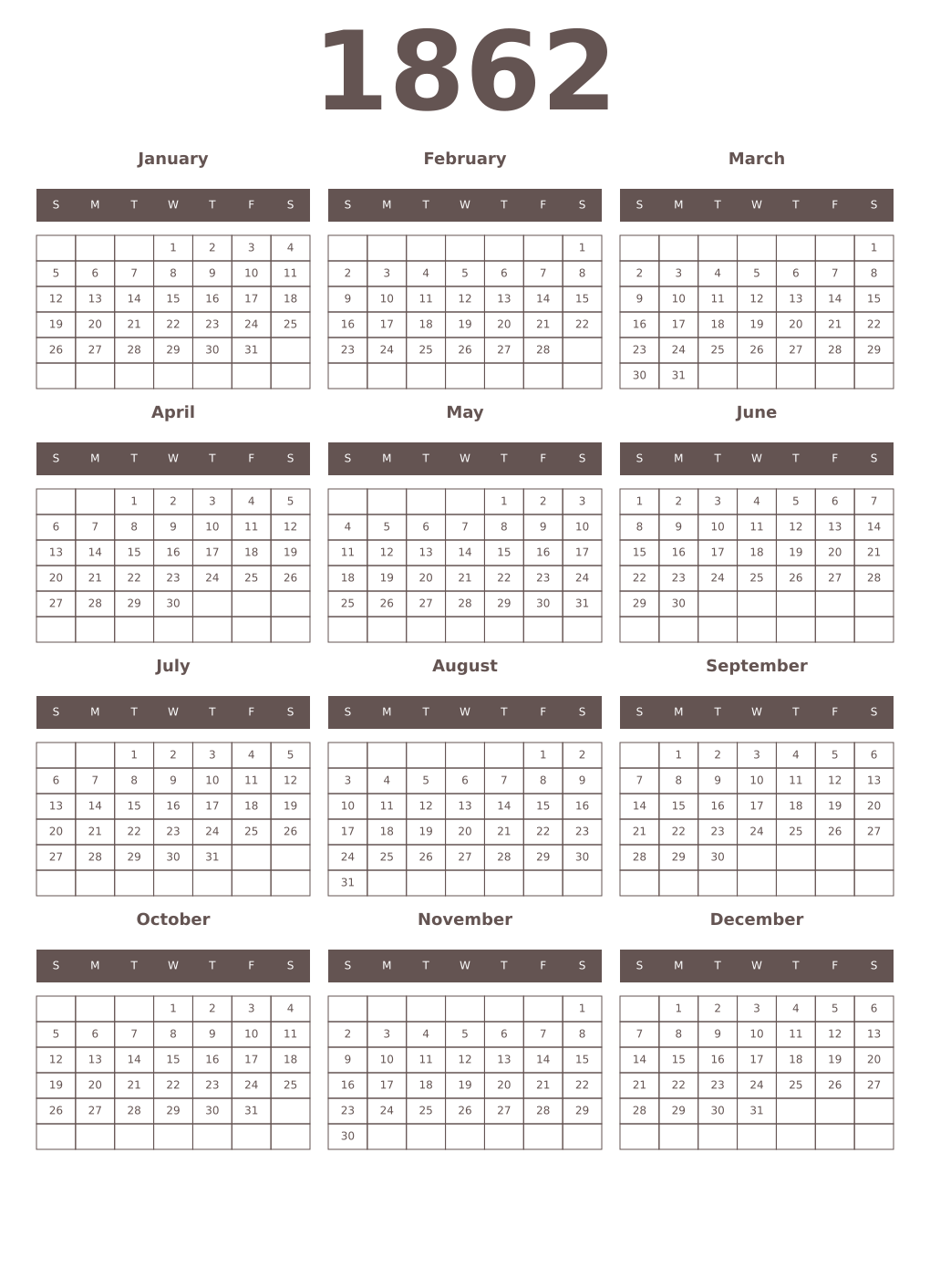Printable 1862 Year Calendars wenge