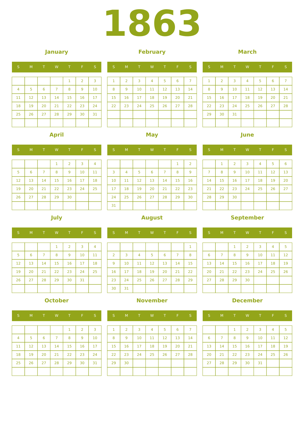 Printable 1863 Year Calendars chartreuse