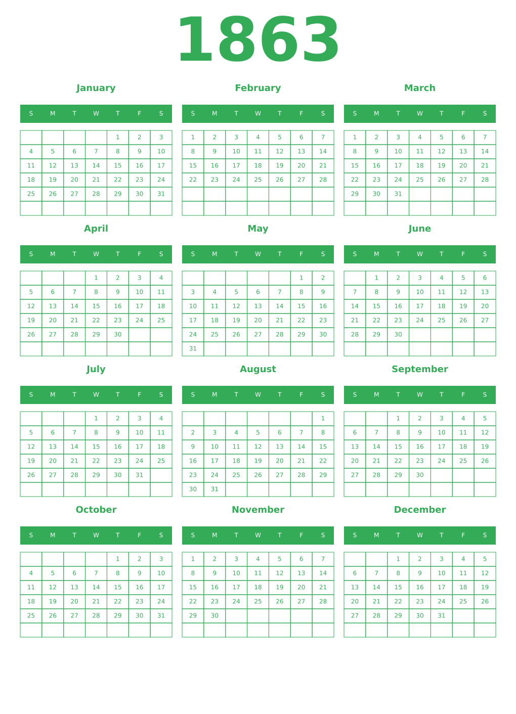 Printable 1863 Year Calendars green