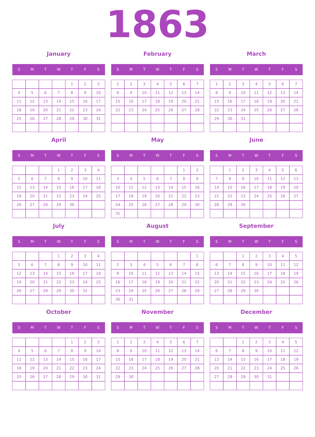 Printable 1863 Year Calendars purple