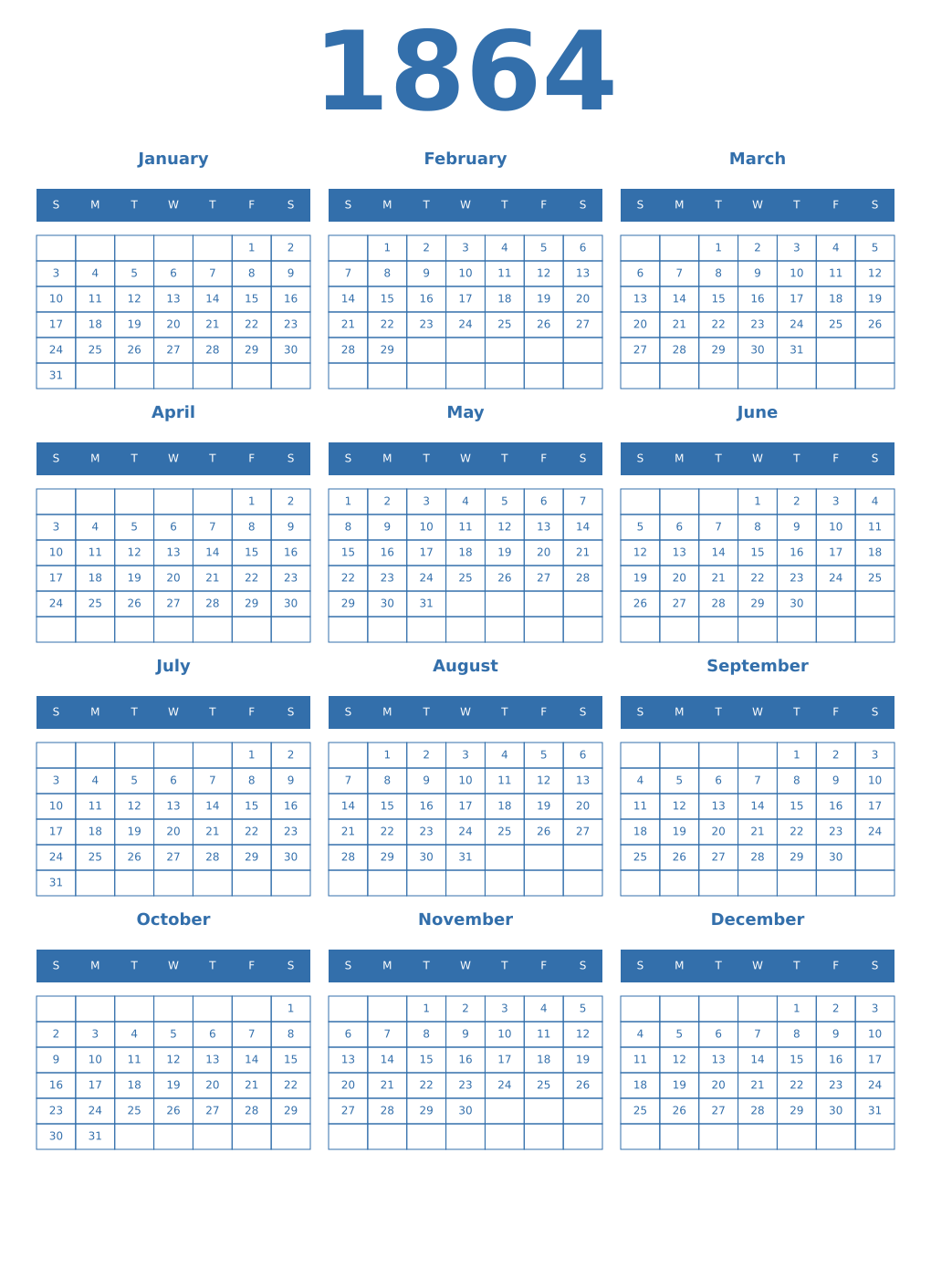 Printable 1864 Year Calendars blue