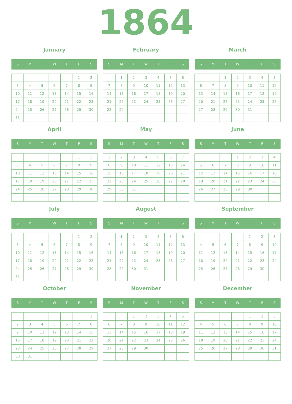Printable 1864 Year Calendars celadon