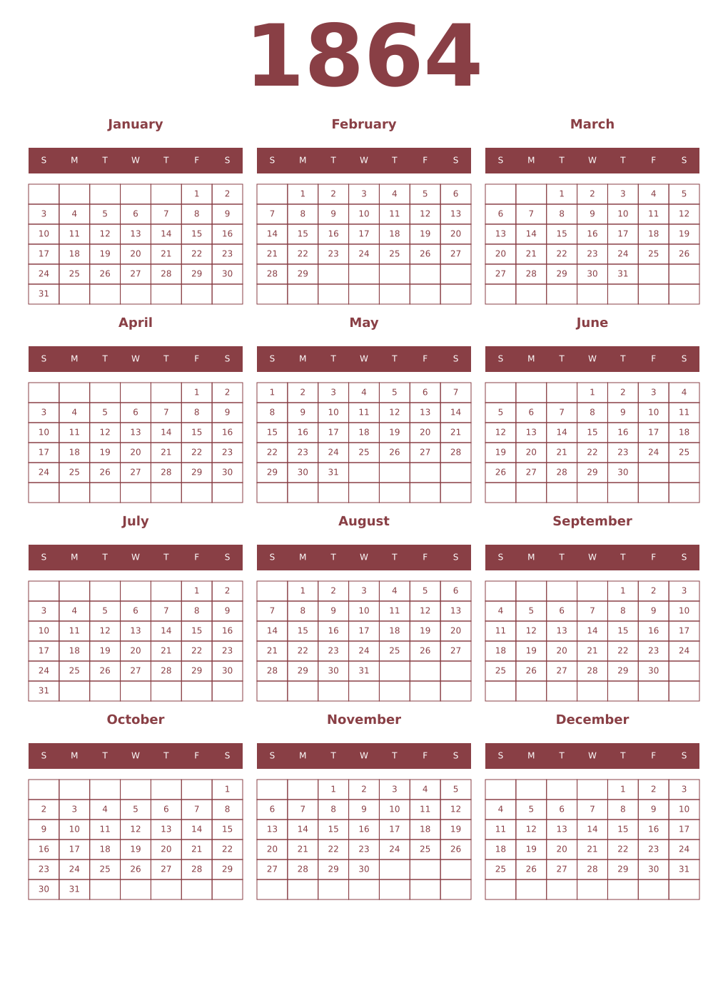 Printable 1864 Year Calendars cordovan