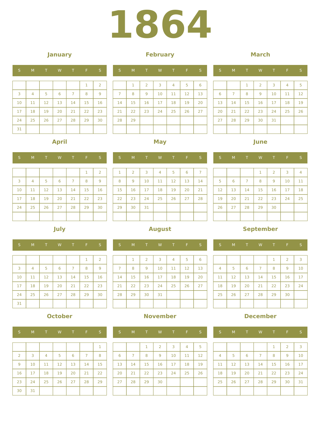 Printable 1864 Year Calendars eburnean