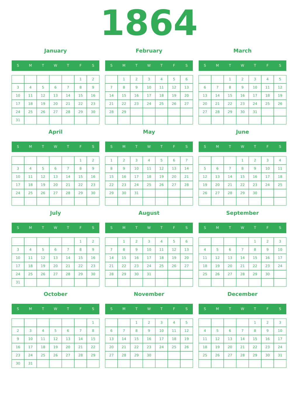 Printable 1864 Year Calendars green