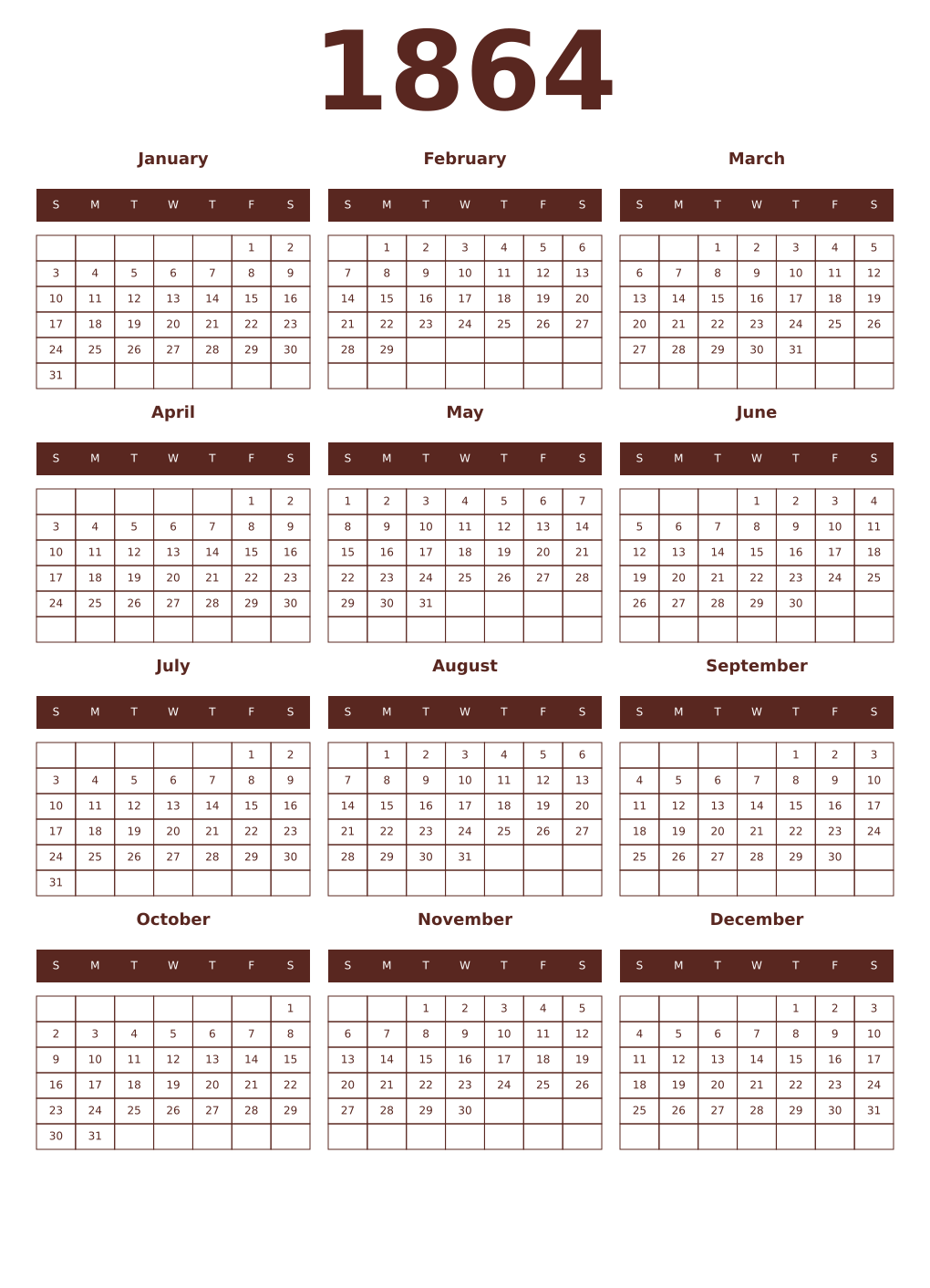 Printable 1864 Year Calendars mortuum