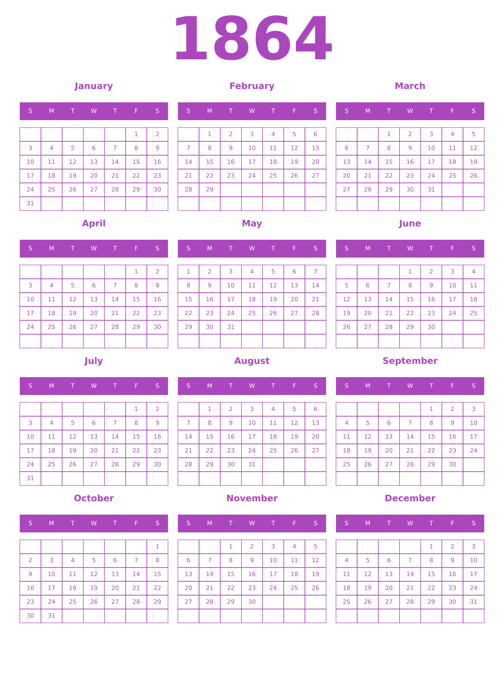 Printable 1864 Year Calendars purple