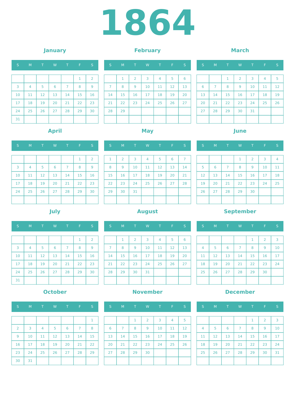 Printable 1864 Year Calendars verdigris
