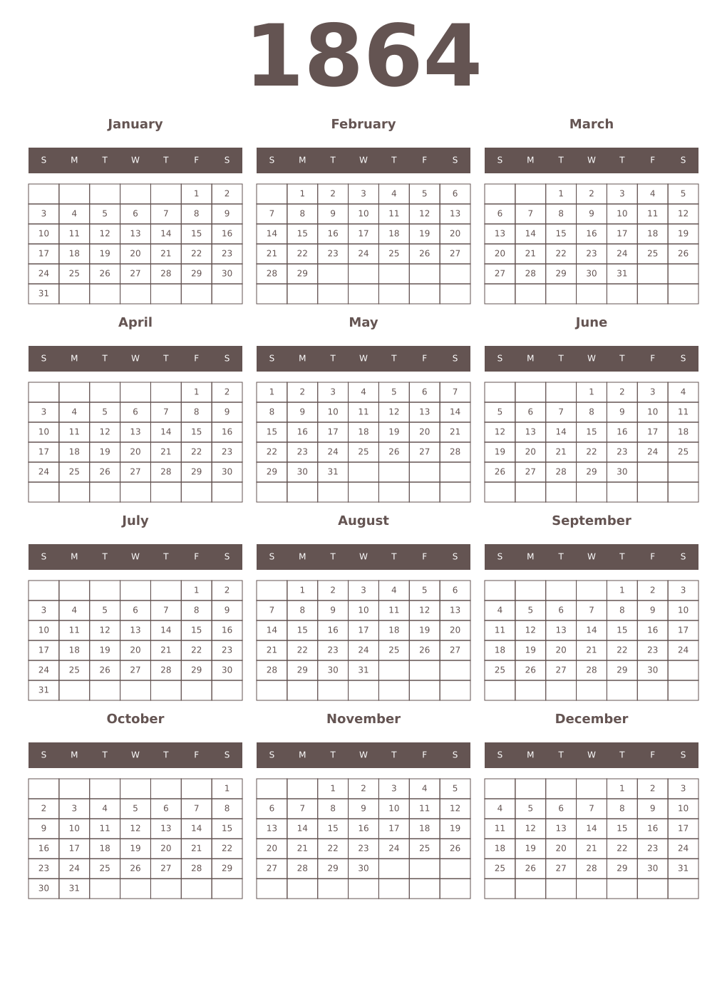 Printable 1864 Year Calendars wenge