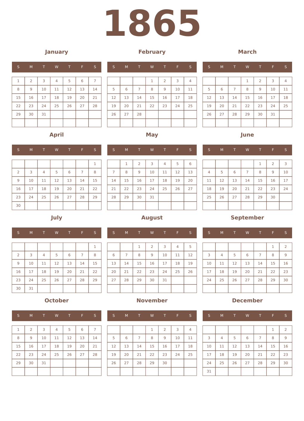 Printable 1865 Year Calendars coffe
