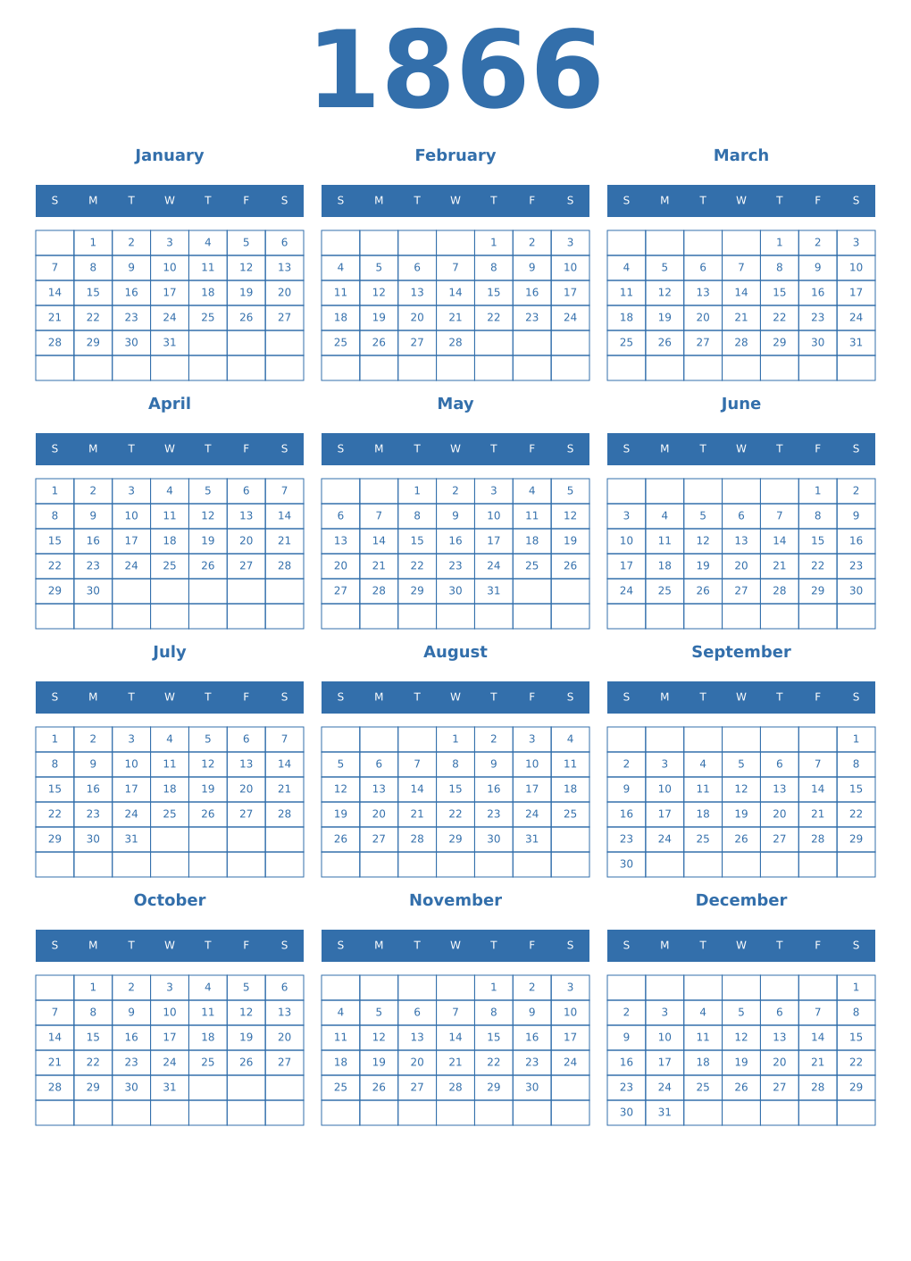 Printable 1866 Year Calendars blue