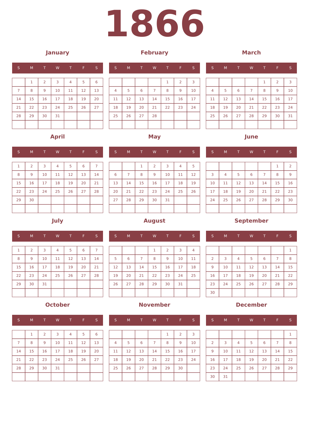Printable 1866 Year Calendars cordovan