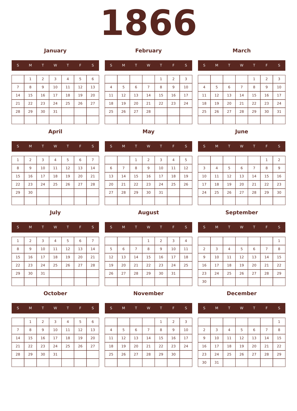 Printable 1866 Year Calendars mortuum