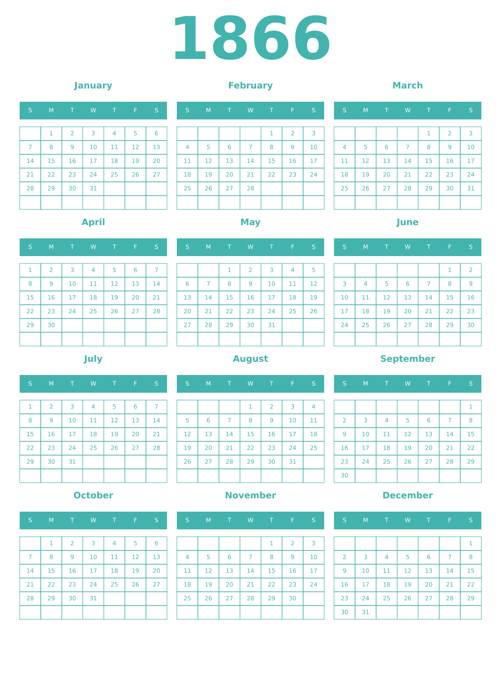 Printable 1866 Year Calendars verdigris