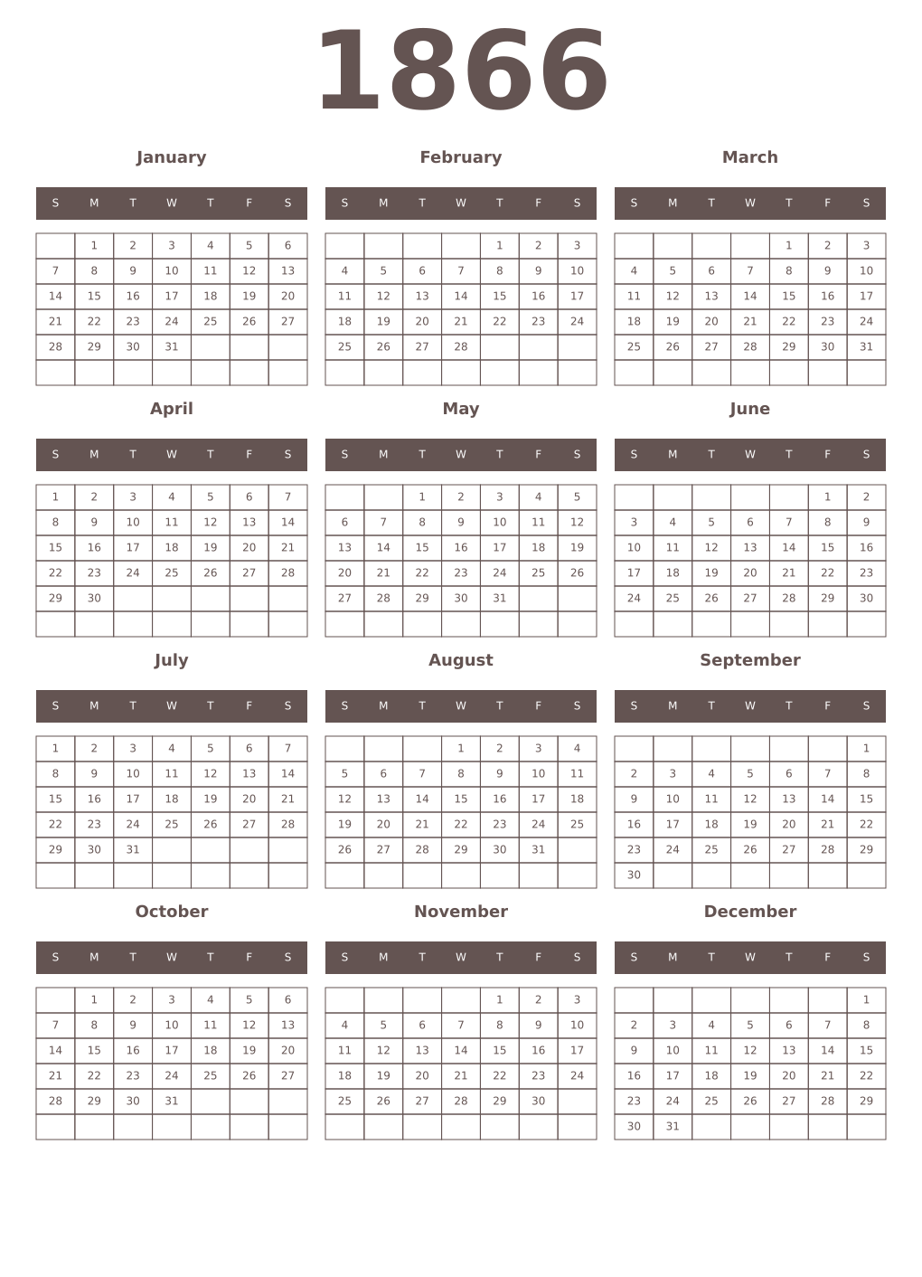 Printable 1866 Year Calendars wenge