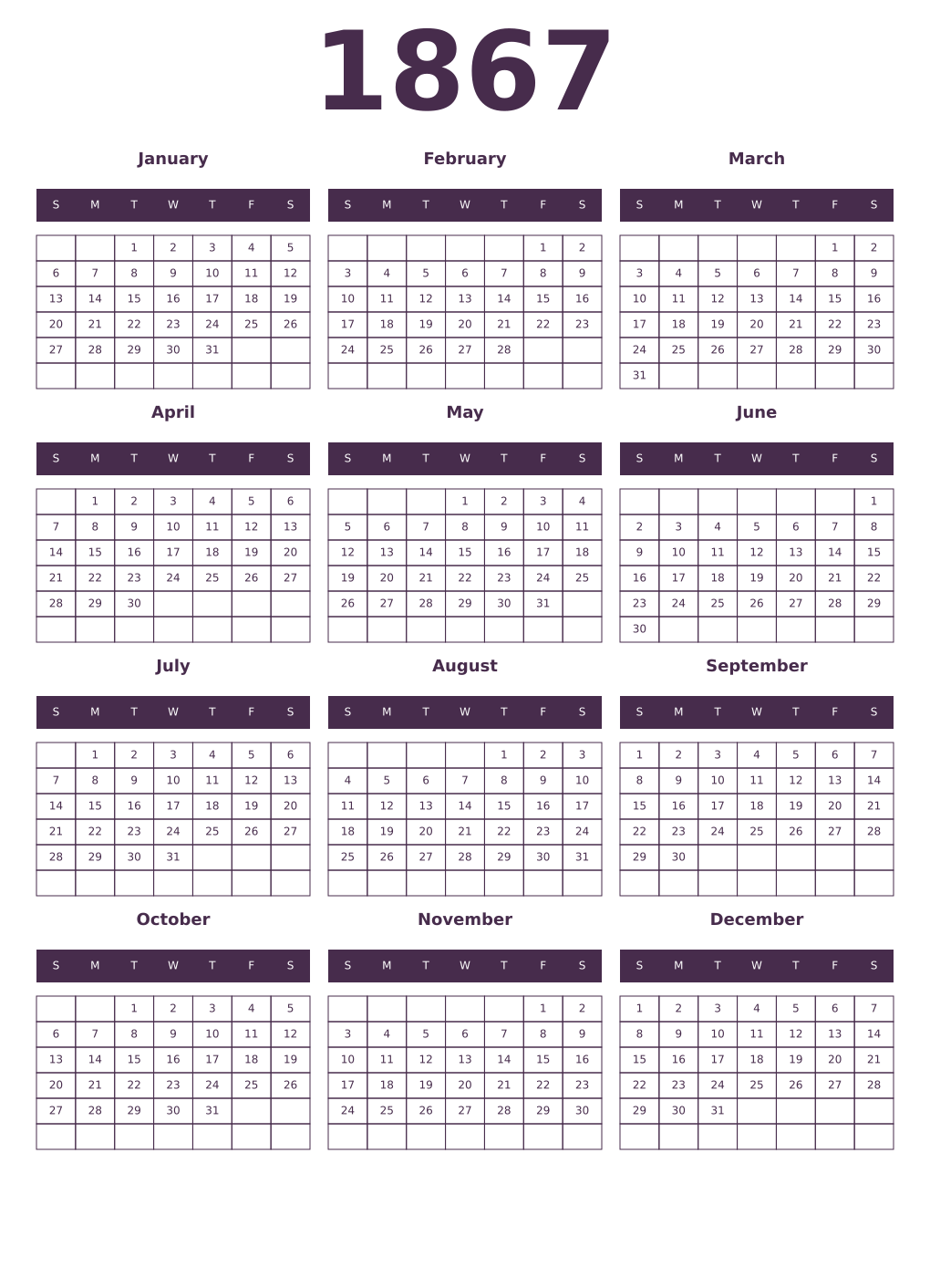 Printable 1867 Year Calendars aubergine