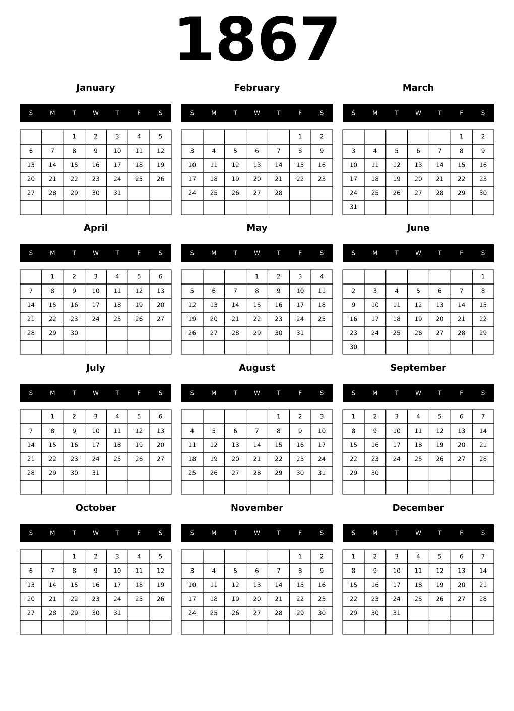 Printable 1867 Year Calendars black