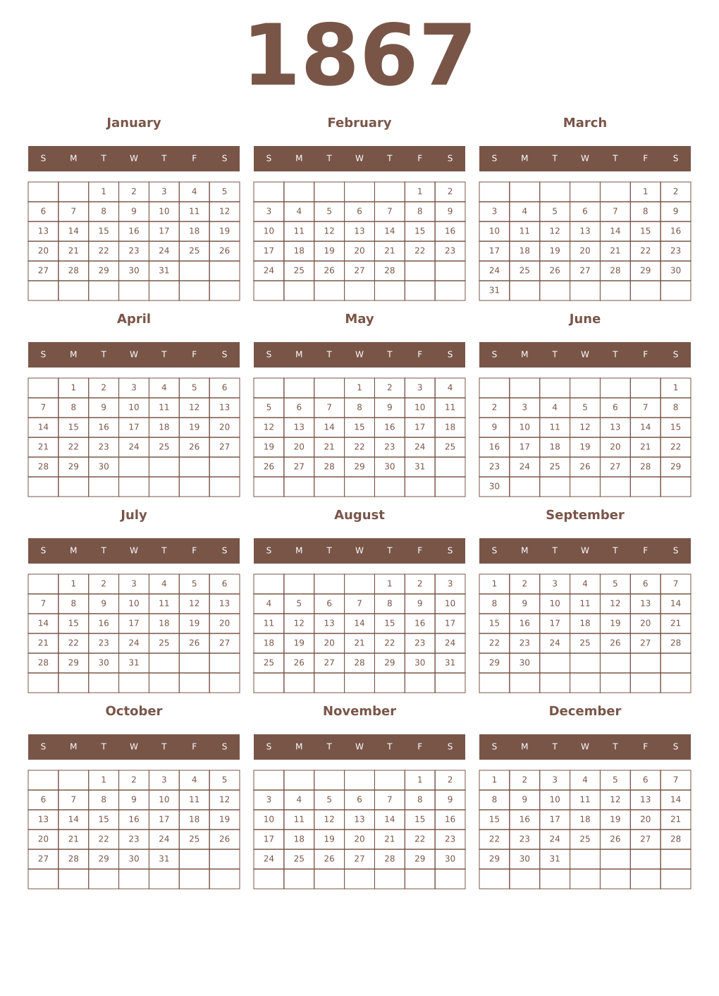 Printable 1867 Year Calendars coffe