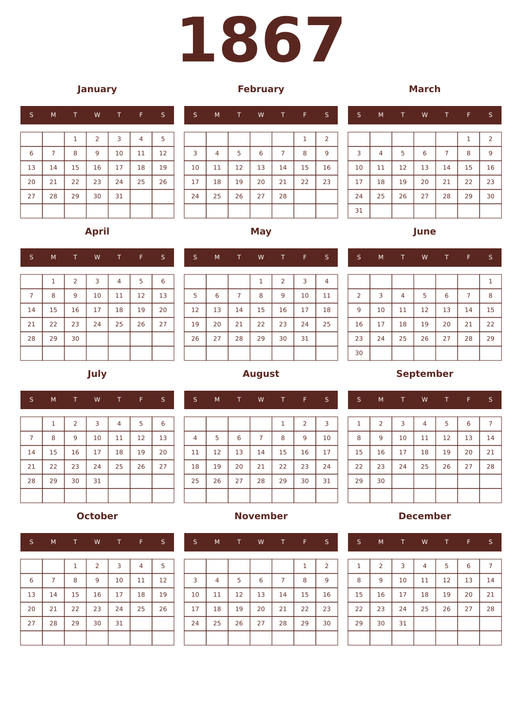 Printable 1867 Year Calendars mortuum