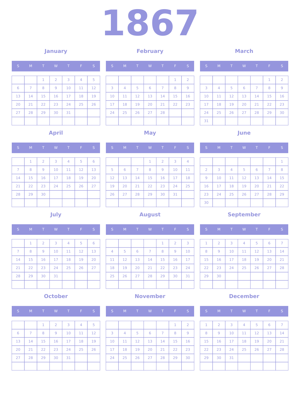 Printable 1867 Year Calendars periwinkle