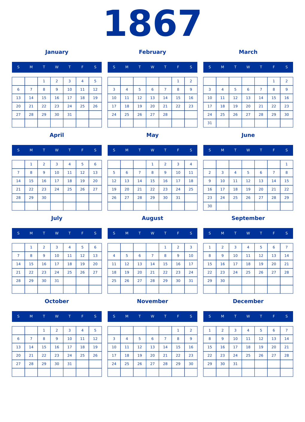 Printable 1867 Year Calendars smalt