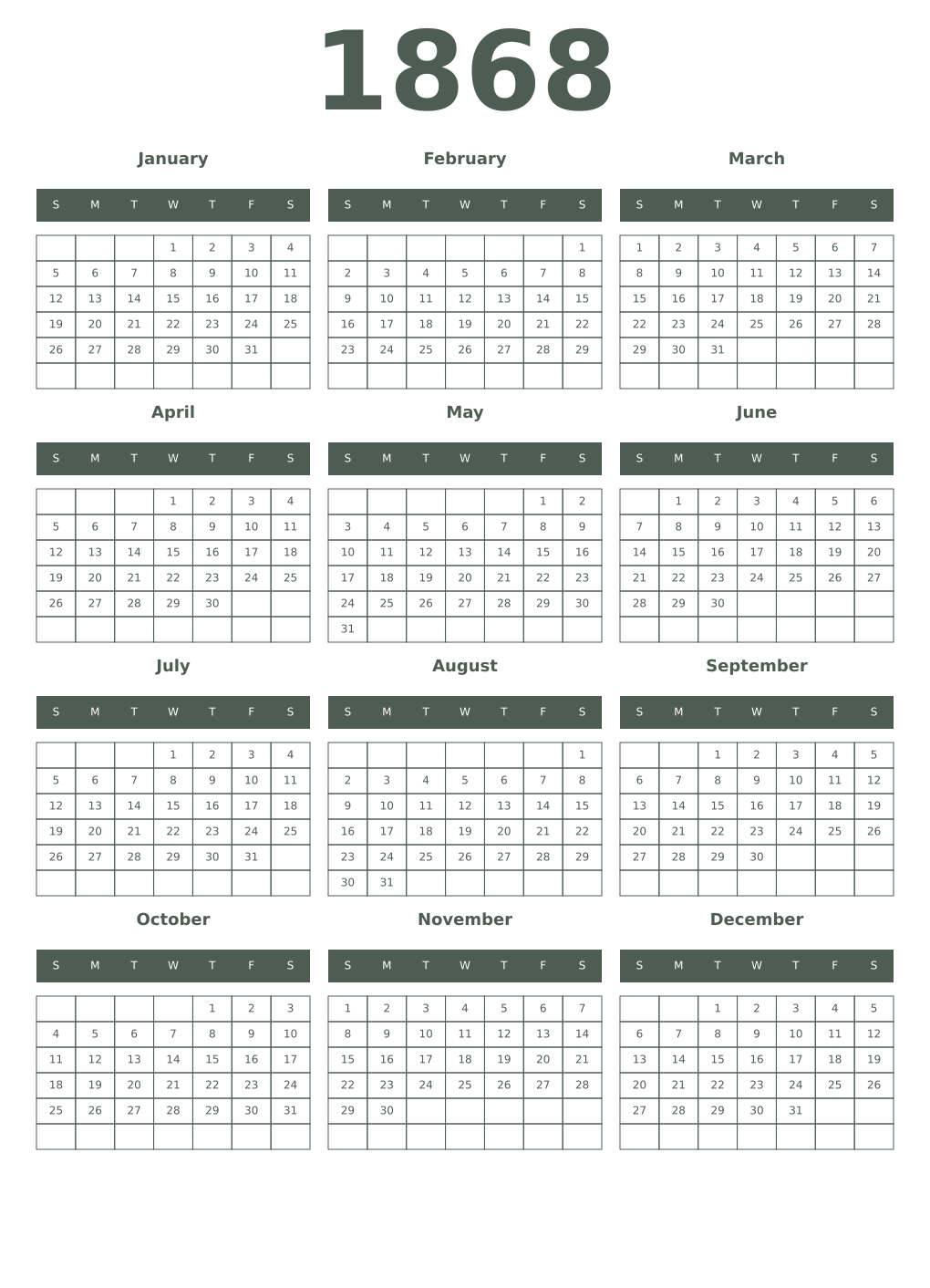 Printable 1868 Year Calendars feldgrau