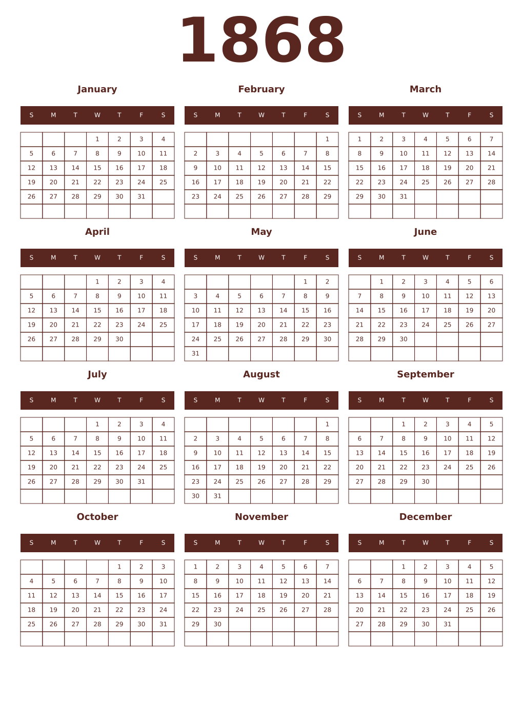 Printable 1868 Year Calendars mortuum