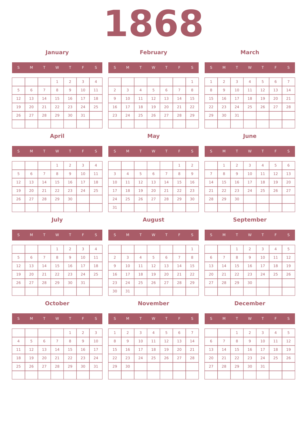 Printable 1868 Year Calendars puce