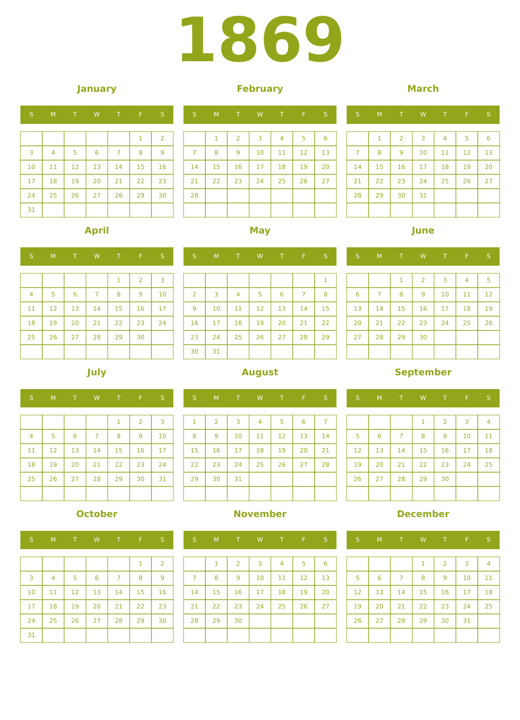 Printable 1869 Year Calendars chartreuse