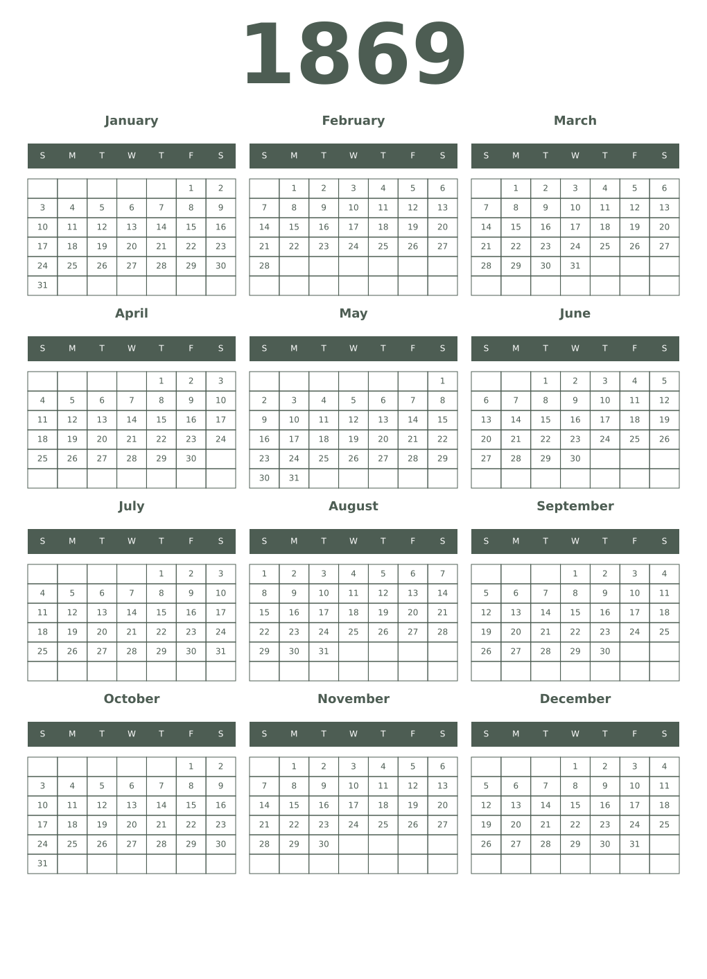 Printable 1869 Year Calendars feldgrau
