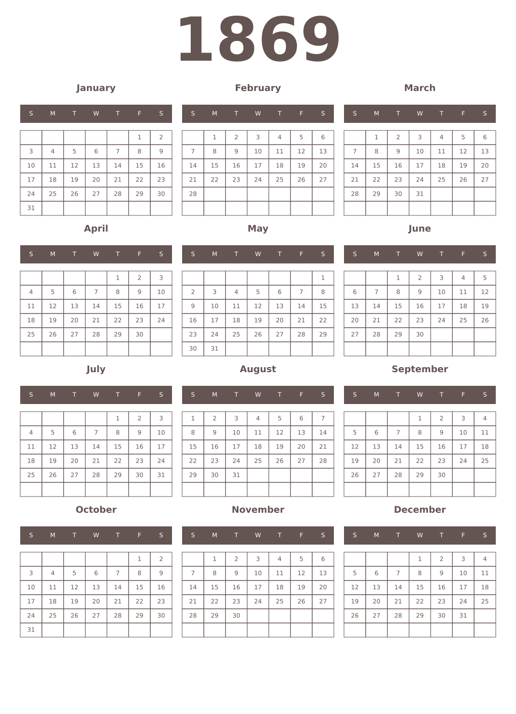 Printable 1869 Year Calendars wenge